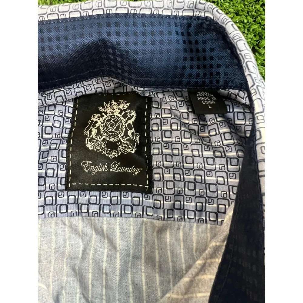 English Laundry Men Blue White Geometric Square Print Cotton Button Down Shirt L